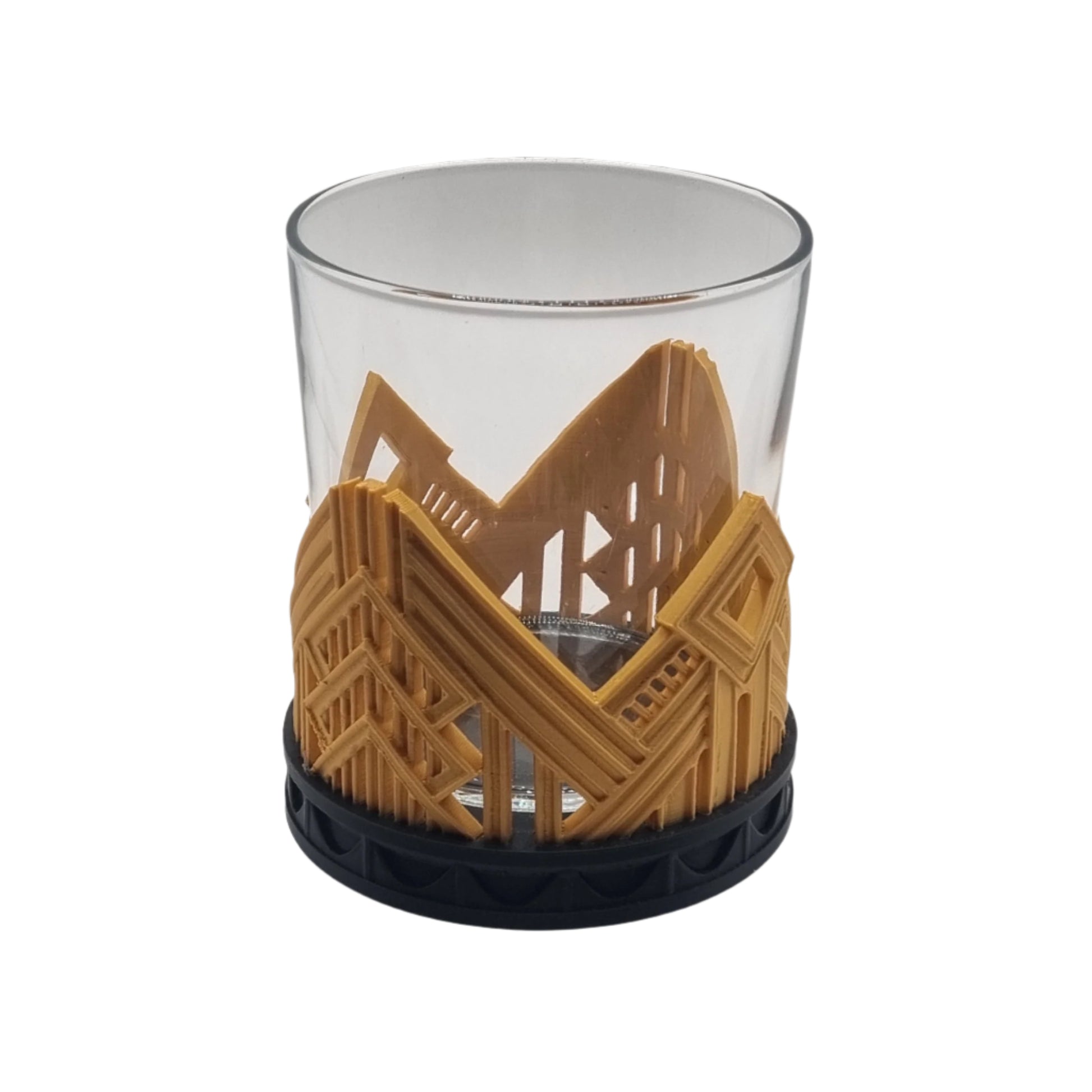 Golden Elegance Glass Holder, side view, with glass
