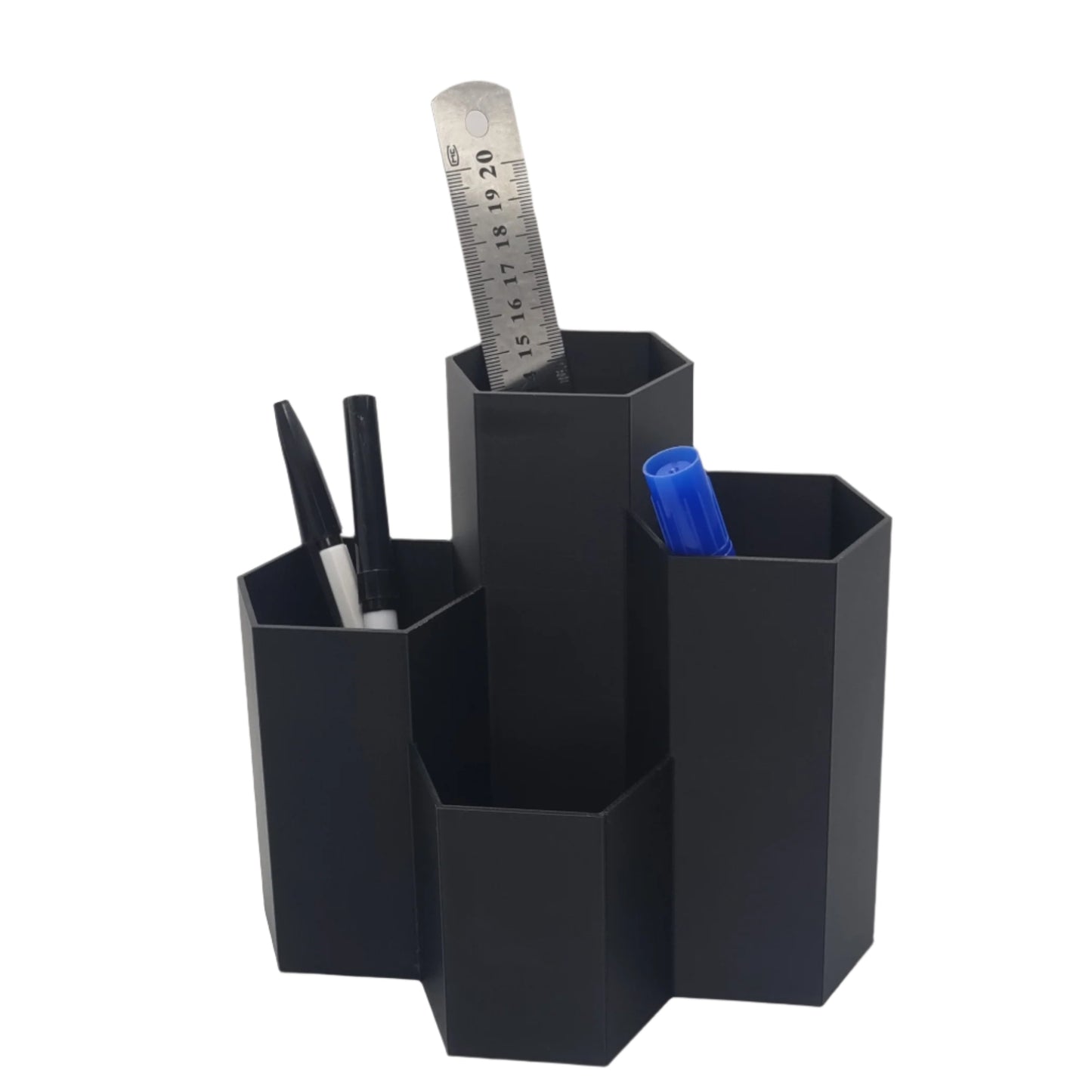 Hexagonal Desk Organizer Black Large, front view, filled