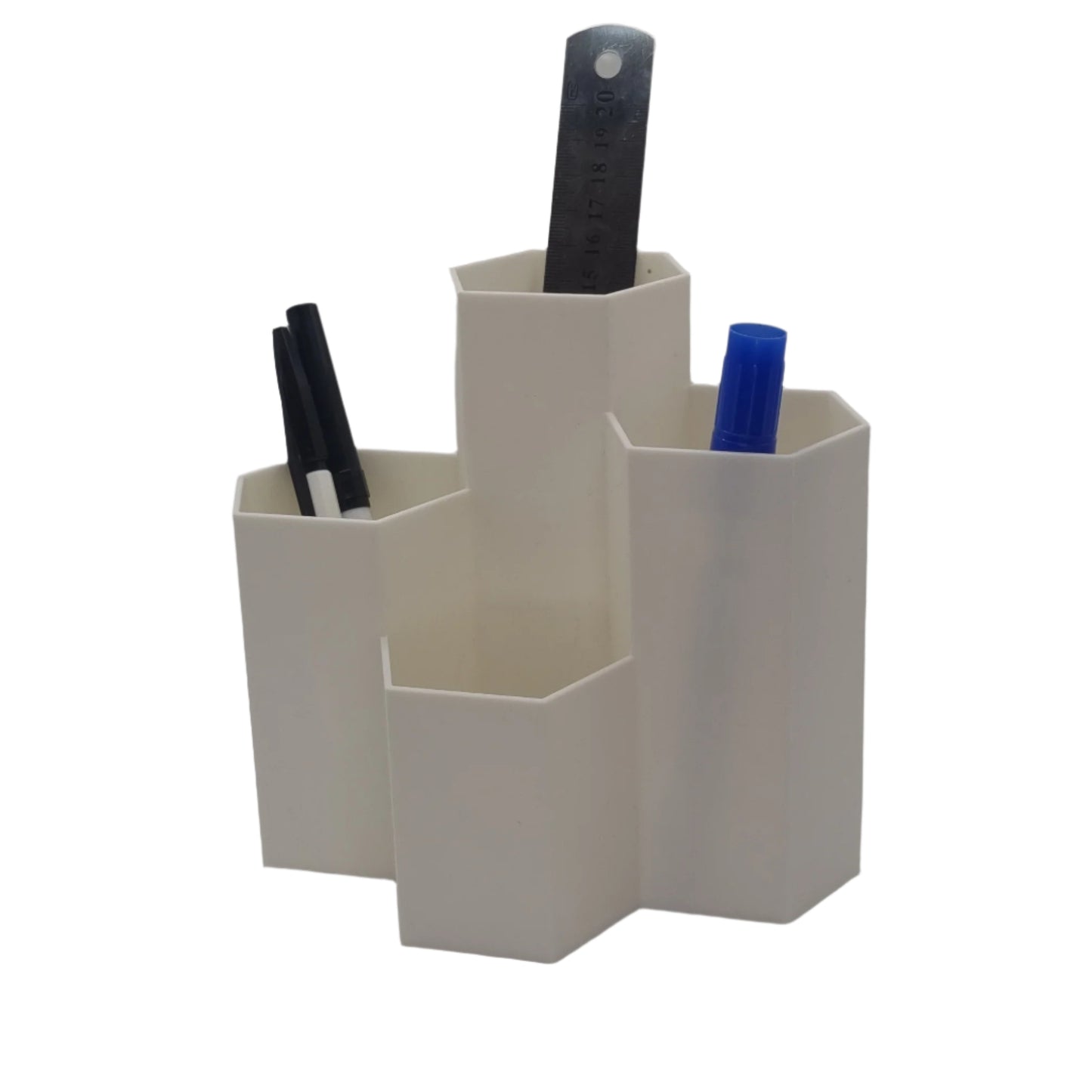 Hexagonal Desk Organizer White Large, front view, filled