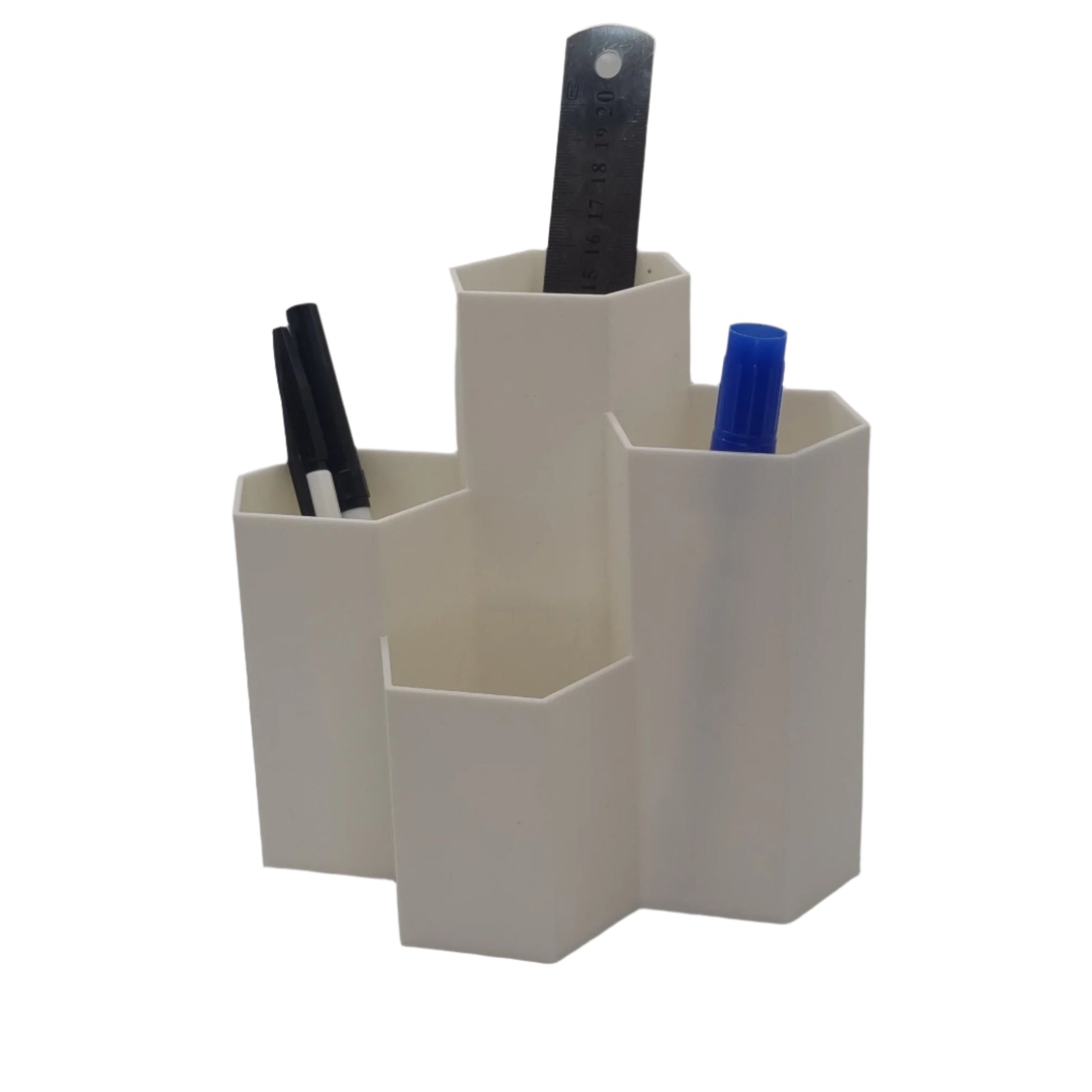 Hexagonal Desk Organizer White Large, front view, filled
