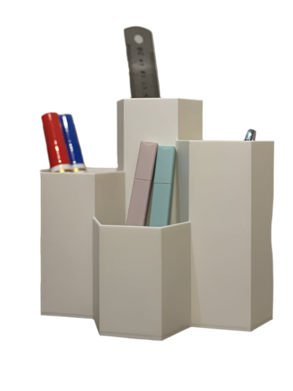 Hexagonal Desk Organizer White Large, front view, filled, desktop