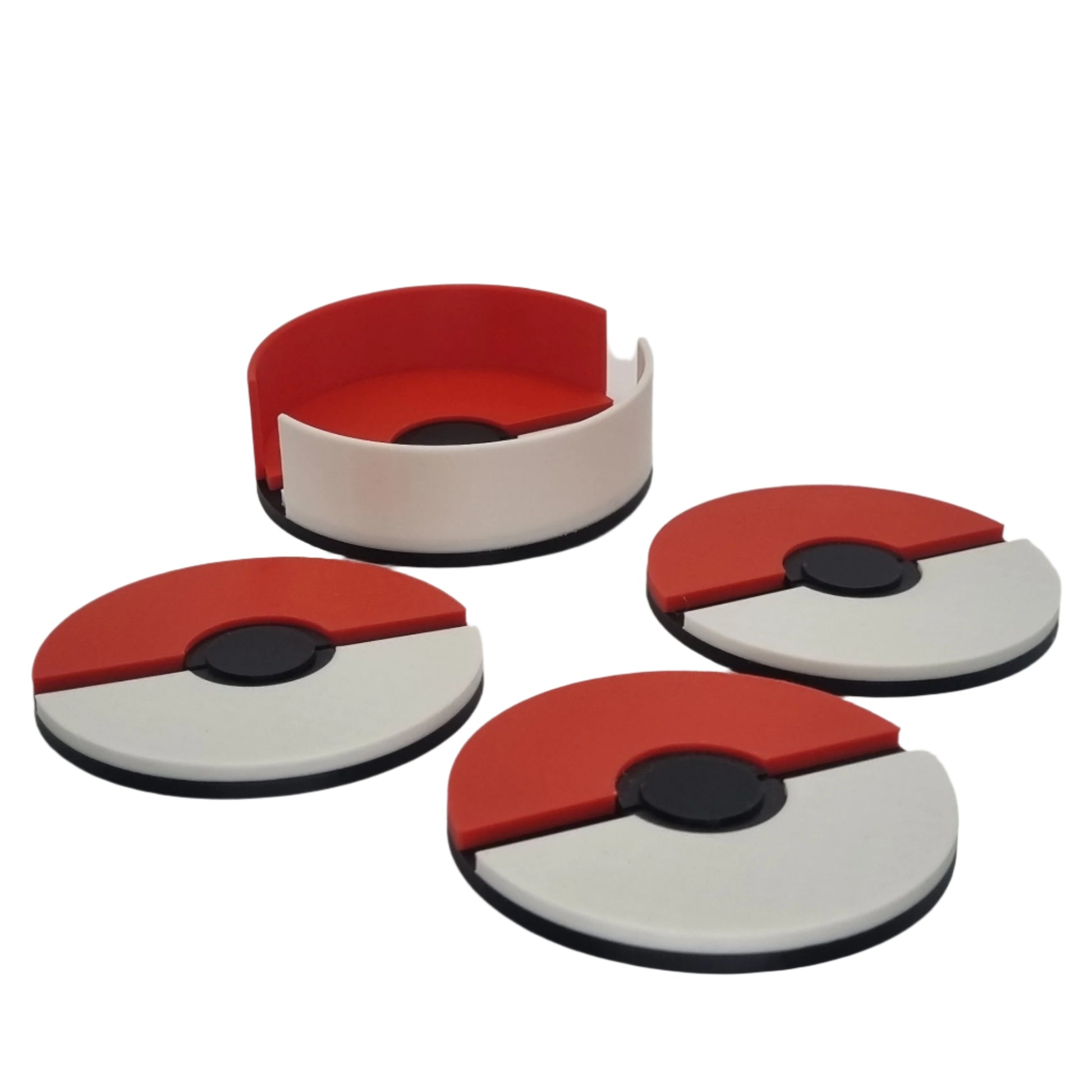 Pokemon coasters + holder, front view, laid out