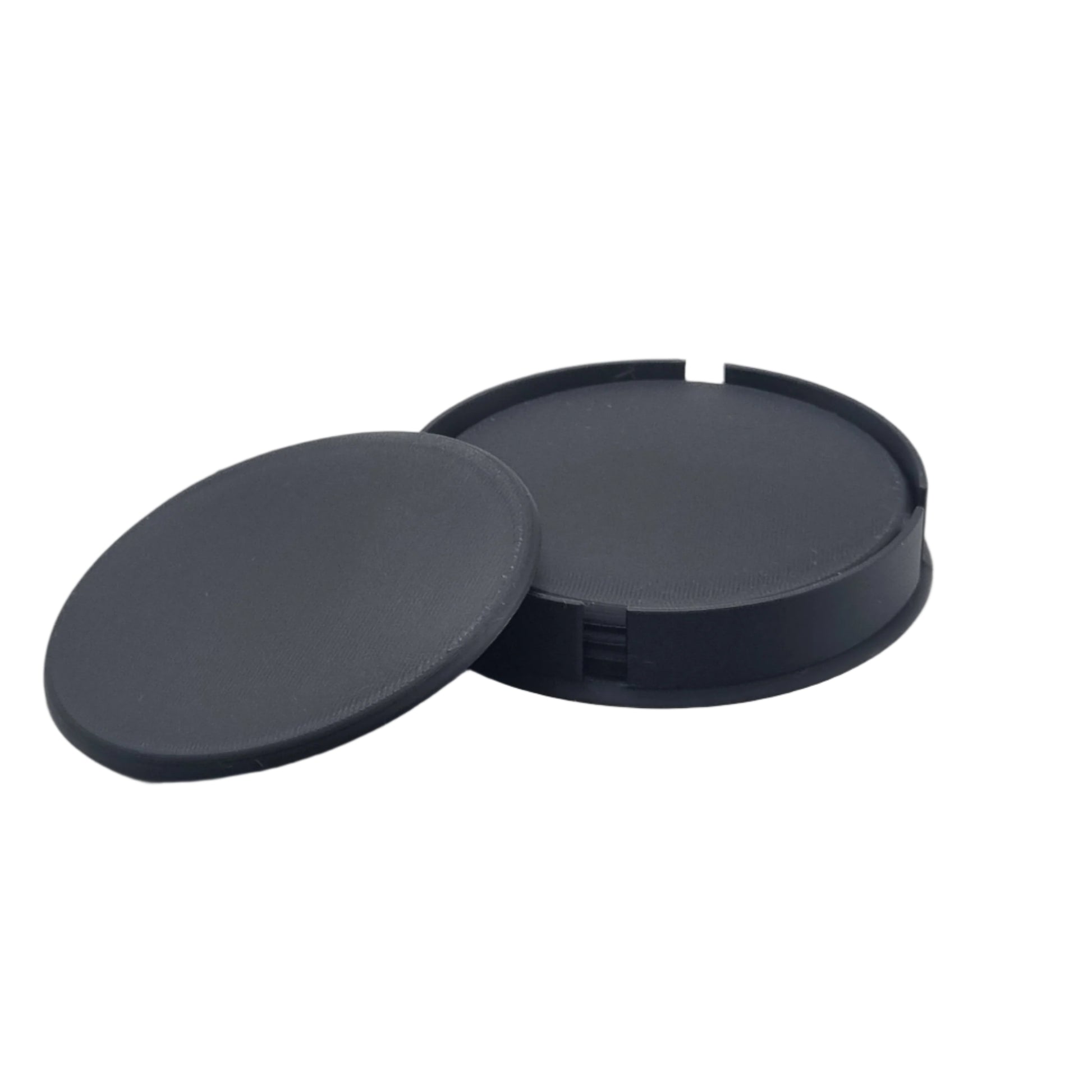 Set of 5 Drinks Coasters with Holder, black, laid out