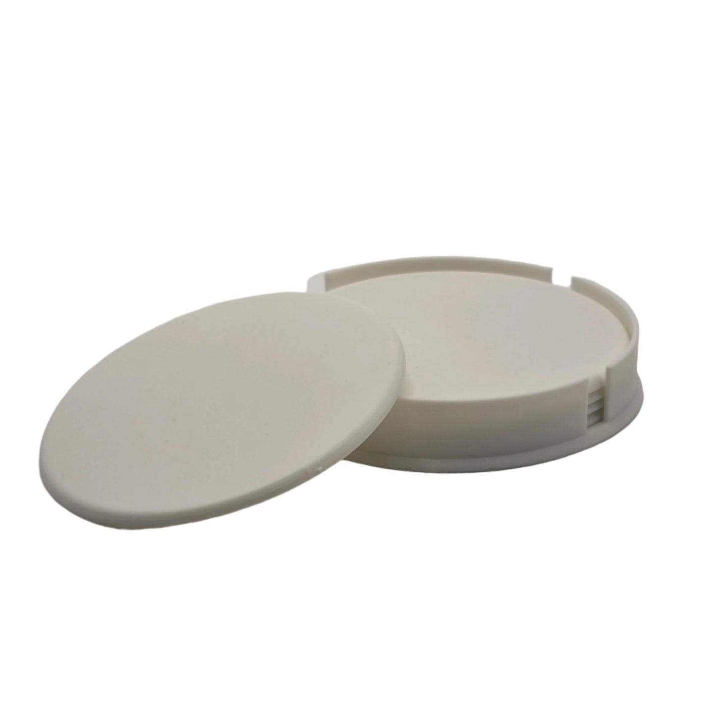 Set of 5 Drinks Coasters with Holder, white, laid out