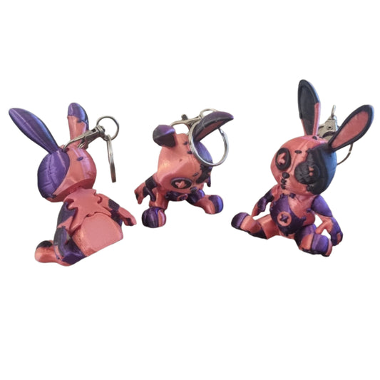 Stitchy the articulated rabbit keyring three view