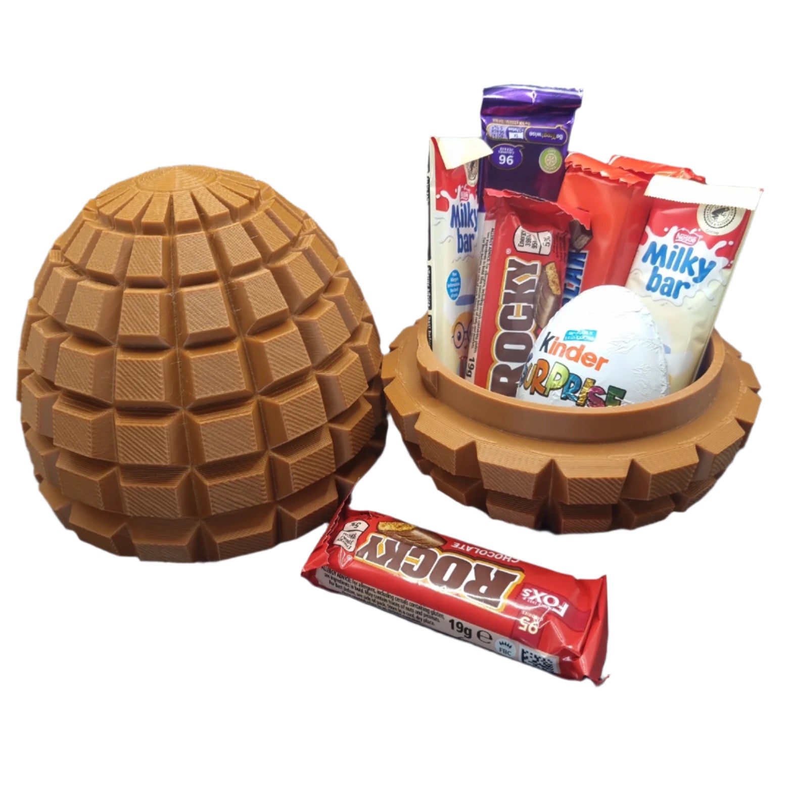 Choco block gift egg, open, filled, black background