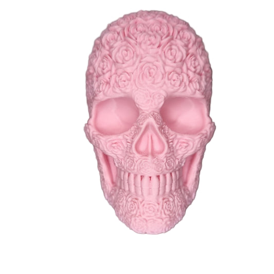 Pink skull-shaped 3d printed with floral patterns 