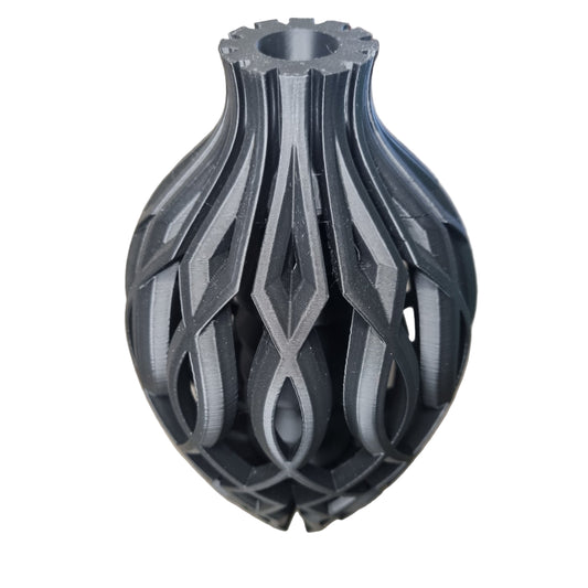 3D-printed black vase with geometric design 