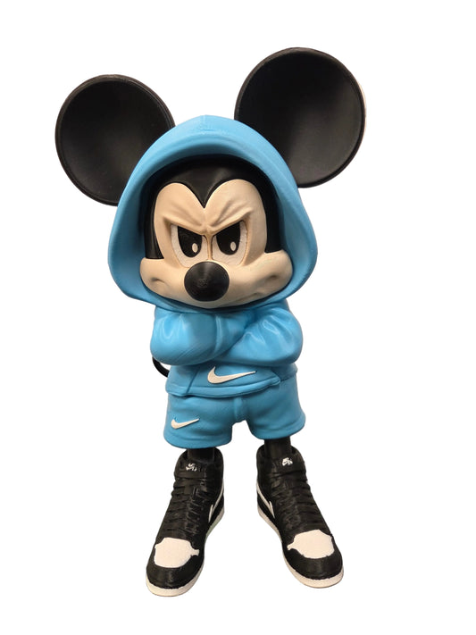 Urban Streetwear Mickey Mouse 3D Printed Figure - Blue Hoodie Angry Pose 28cm